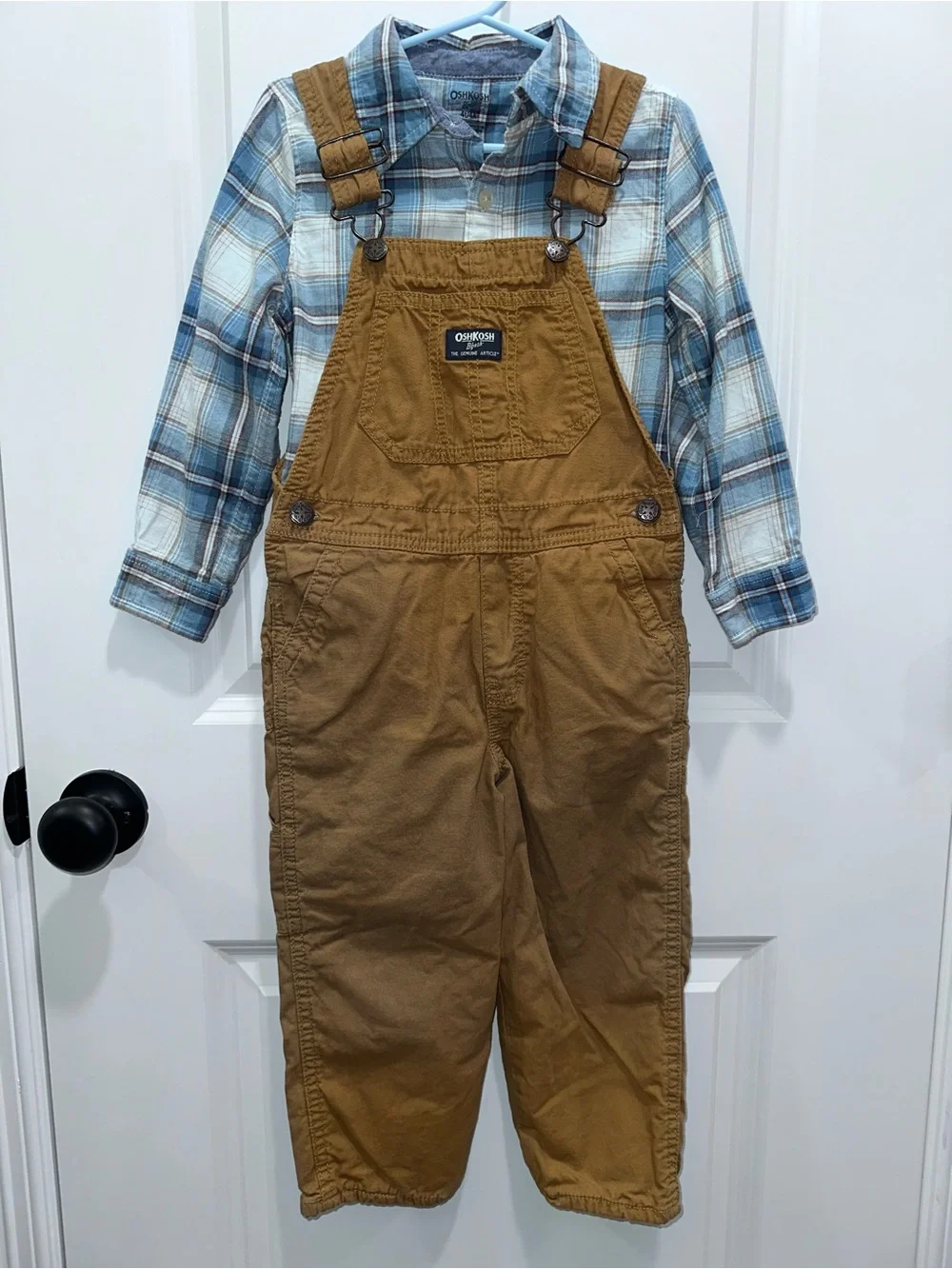 OshKosh Brown Kids Cotton Overalls with Blue Plaid Shirt